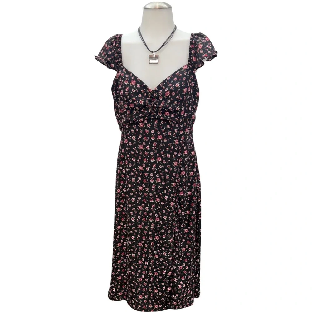 Lola Grace Floral Midi Dress Womens Medium Black Pink Flutter Sleeve Cottagecore